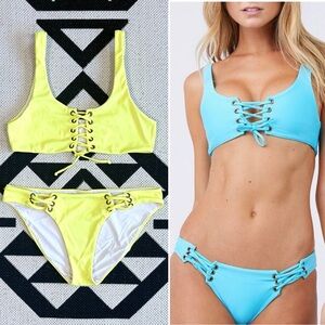 PilyQ Crisscross Lace Up Halter Bikini Set in Sol